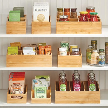mDesign Bamboo Pantry Organizer Bin Box, 3 Sections - Wooden Stackable Basket Crates for Food, Produce, Vegetable Storage - Use on Shelves or in Closet, 2 Pack, Natural/Tan