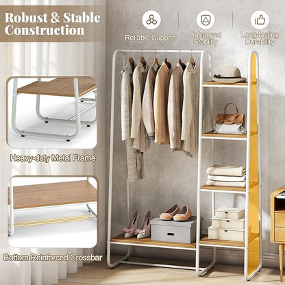 COSTWAY Clothes Rack with Shelves, Heavy Duty Garment Rack with Hanging Rod, 5-tier Shelves, Adjustable Foot Pads, Closet Organizer, Freestanding Wardrobe Clothing Racks for Hanging Clothes (White)