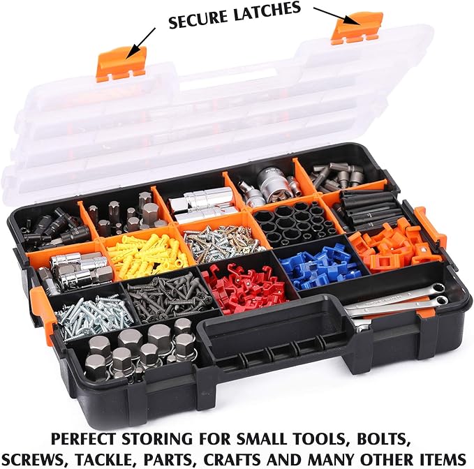 MIXPOWER 15-inch 2pcs Toolbox Organizer Sets, 20 Removable Dividers, Durable Plastic Box, Excellent for Screws, Nuts, Small Parts, 34-Compartment Black/Orange 2 Pieces Set
