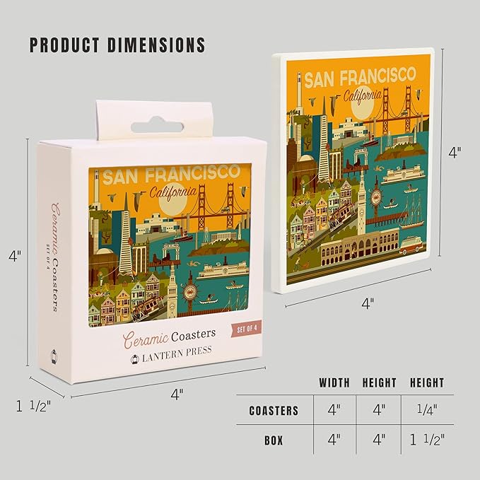 Lantern Press San Francisco, California, Geometric (Absorbent Ceramic Coasters Set of 4 Matching Images, Cork Back, Kitchen Table Decor)
