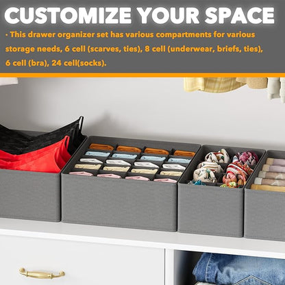 SpaceAid Underwear Drawer Organizer, 4 Pack Dresser Organizer Bins for Nursery, Closet Organization and Storage with Dividers for Baby Clothes Socks Bra Ties Scarf (Grey)