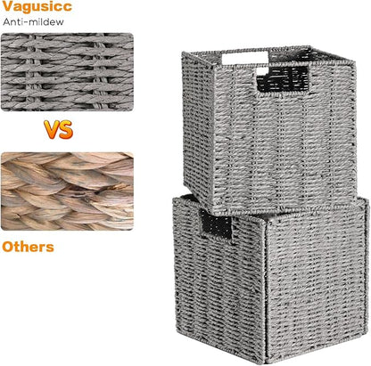 Vagusicc Storage Basket, Set of 2 Hand-Woven Paper Rope Wicker Baskets for Storage, Foldable Cube Storage Bins Organizer, 9 inch Medium Wicker Storage Baskets for Shelves Pantry Organizing Decor, Grey