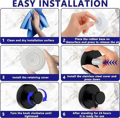 Suction Cup Hooks for Shower,Removable No Drill Towel Hooks,Upgraded 15 lbs Strong Suction hooks for Bathroom Tile,Shower Wall,Glass Door,Kitchen-Loofah,Coat,Stainless Waterproof-Matte Black 2 Pcs