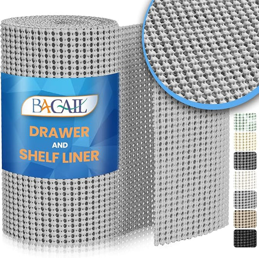 BAGAIL Drawer and Shelf Liner, 17.5 in X 20 Ft Non-Adhesive Shelf Liners for Kitchen Cabinets, Thick Strong Grip Liners for Desk, Shelves, Bathroom Drawers, Cabinet Protection - LightGrey
