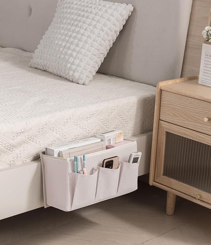 Bedside Caddy / Bedside Storage Organizer Hanging Bag with Three Options,Suitable for home beds, sofas, and dormitory beds—can hold magazines, books, phones, iPads, remote controls. (2-Pack White)
