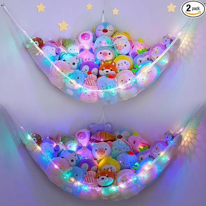 Unicorn Castle Stuffed Animals Net or Hammock Kids Toy Storage Organizer with LED Light Hanging Corner Stuffed Animals Holder Kids Girls Room Decor,White,Large (Pack of 2)