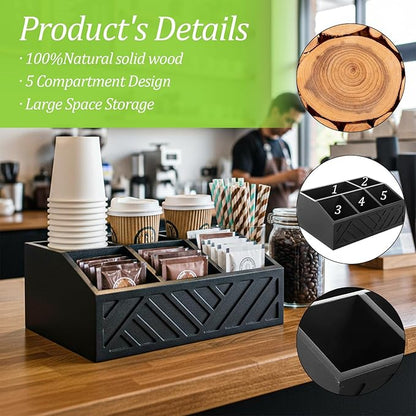 Black Coffee Station Organizer for Counter, Wood Coffee Pods Holder Storage Basket with 5 Compartments, Coffe and Tea Condiment Basket Storage Organizer, Farmhouse Bar Accessories Decor