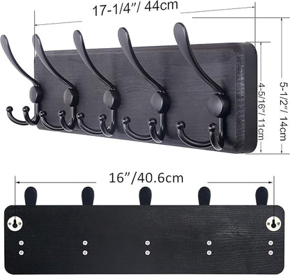 SKOLOO Coat Rack Wall Mounted - Pack of 2, Wooden, Heavy Duty, Rustic Coat Hooks for Wall, 16'' Hole to Hole, Wall Coat Rack with 5 Triple Hooks for Hanging Clothes, Jacket, Hat(Black)