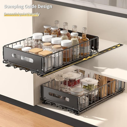 2 Pack Pull Out Cabinet Organizer, Slide Out drawers for cabinets, Heavy Duty Carbon Steel Roll Out Shelves for kitchen, bathroom, under sink, pantry (14.7’’-23.1’’ Slide, Adhesive & Screw)
