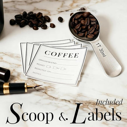 STYLED SETTINGS Vacuum Seal Coffee Bean Container Set – 2-Piece Stainless Steel Coffee Canisters with Scoop and Labels, Matte Black Dual-Lid Airtight Design, 1.5 lb Capacity Each - Coffee Gift Ideas