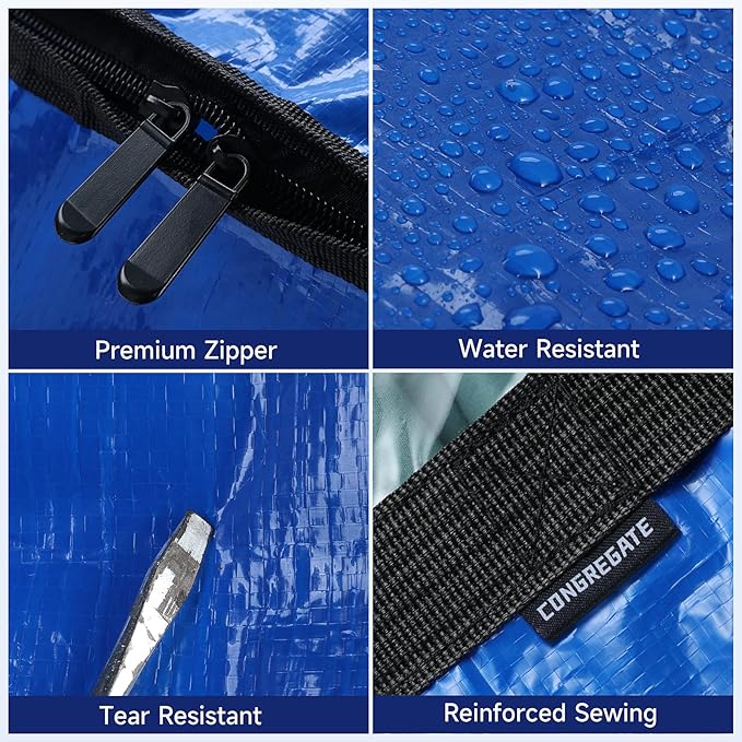 8 Heavy-Duty Moving Bags - Zinc alloy zippers, sturdy handles, durable, made of PE plastic - perfect for easy moving, dorm room, and home organization needs.