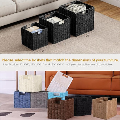 Vagusicc Wicker Storage Basket, Set of 2 Hand-Woven Wicker Basket, 11 inch Storage Baskets for Organizing and Decor, Foldable Cube Storage Organizer Bins Baskets for Shelves, Woven Basket, Natural