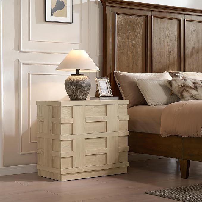 VividVibe Night Stand, Nightstand with Drawers, Bedside Table Large 3D Woven Texture Side Table Bedroom Home Office, End Table Mid Century Modern Accent Wooden Night Stand Light Oak