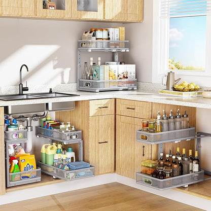 Under Sink Organizer, High Adjustable 2 Tier Under Sink Organizers and Storage, Slide Out Metal Cabinet Organizers, Pull Out Sink Storage Drawer Shelf for Kitchen Bathroom Cabinet, Grey, 1 Pack