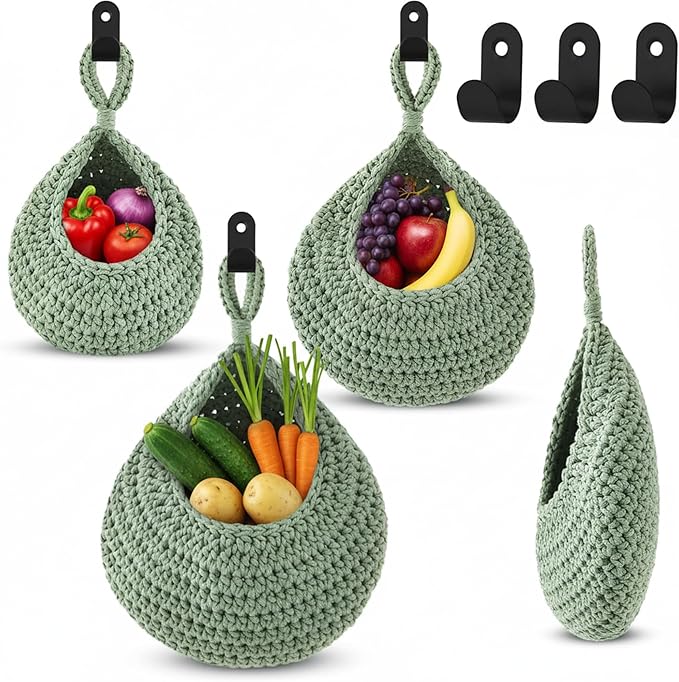 Honeydak Boho Decor Hanging Wall Baskets for Kitchen 3 Pack Teardrop Baskets with Hooks Storage Fruit Onion Vegetable Potato for Home 3 Sizes(Light Green,Cotton Rope)