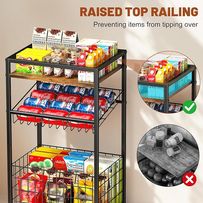 Fruit Vegetable Cart, 3-Tier Snack Kitchen Cart on Wheels & Wood Top, Utility Shelf Rack Organizer for Fruit, Vegetables, Potato, Snack, Brown