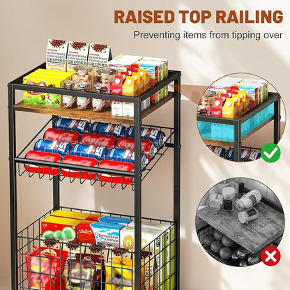 Fruit Vegetable Cart, 3-Tier Snack Kitchen Cart on Wheels & Wood Top, Utility Shelf Rack Organizer for Fruit, Vegetables, Potato, Snack, Brown