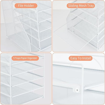Desk Organizers and Accessories, 5-Tier Paper Letter Tray Organizer with File Holder, Desktop Organizer for Office Supplies (White)