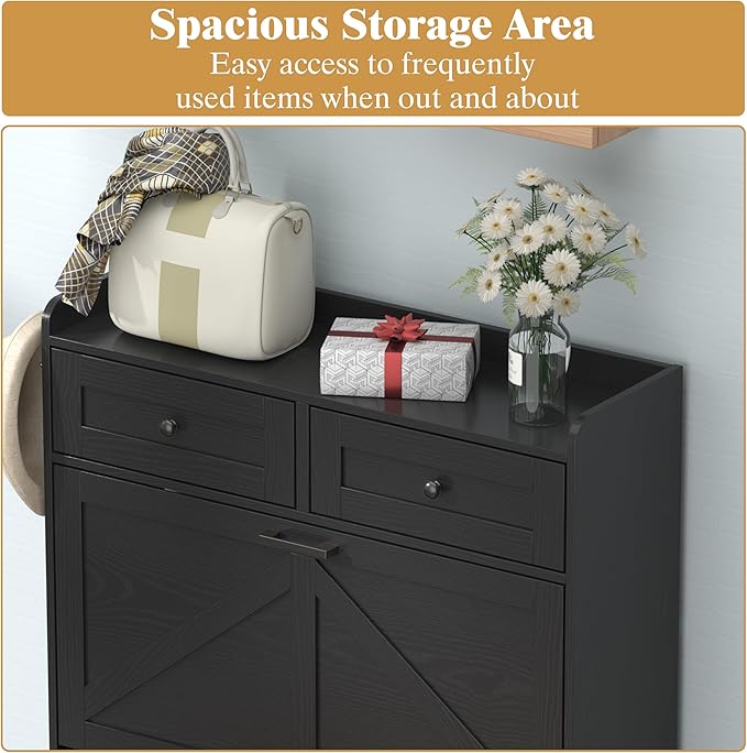 Shoe Cabinet with 3 Flip Drawers & 2 Storage Drawers, Rustic Farmhouse Narrow Shoe Organizer Cabinet, Slim Shoe Rack Cabinet, Shoe Storage Cabinet for Entryway, Hallway, Front Door