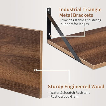 Axeman Deep Floating Shelves - 16 Inch Wide x 12 Inch Deep Walnut Wall Shelves Set of 2 - Rustic Wide Wood Wall Mounted Shelves for Room Decor & Storage