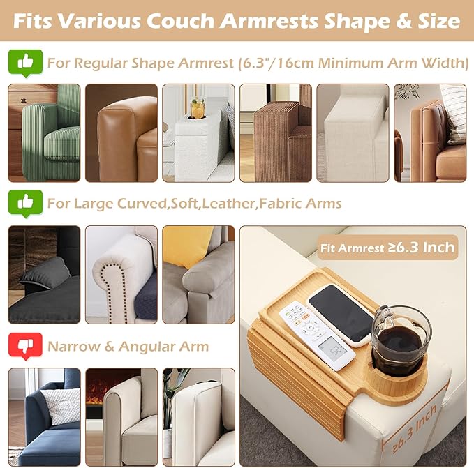 Couch Cup Holder Tray, 3 in 1 Couch Arm Trays,Large Bamboo Chair Arm Rest Tray with 360° Cup Holder,Removable Anti-Slip Organizer for Snack Eating