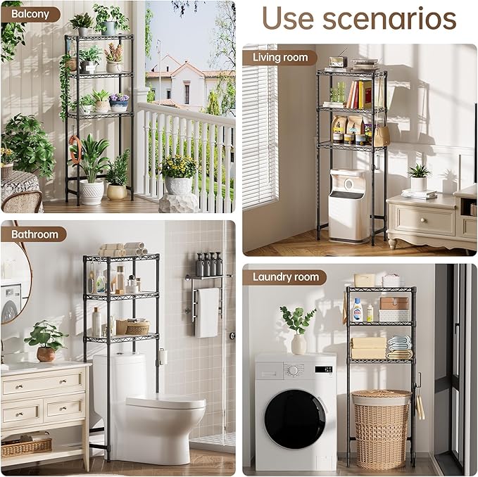 Golpart 3-Tier Over The Toilet Storage Shelf,Heavy Duty Adjustable Metal Bathroom Rack with Toilet Paper Holder & Hooks,Space-Saving Organizer for Bathroom,10”D x 24”W x 66”H,Black