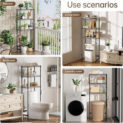 Golpart 3-Tier Over The Toilet Storage Shelf,Heavy Duty Adjustable Metal Bathroom Rack with Toilet Paper Holder & Hooks,Space-Saving Organizer for Bathroom,10”D x 24”W x 66”H,Black
