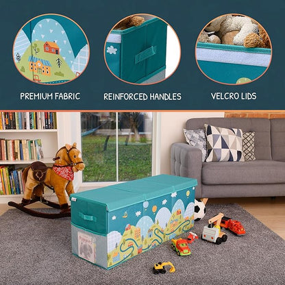 Extra Large Toy Storage Organizer with Lid - Sturdy, Collapsible Toy Chest Storage Box with Cute Design - Toys Bin with Dividers for Kids, Boys, Girls, Nursery, Bedroom, Play room 37"x16"x14"