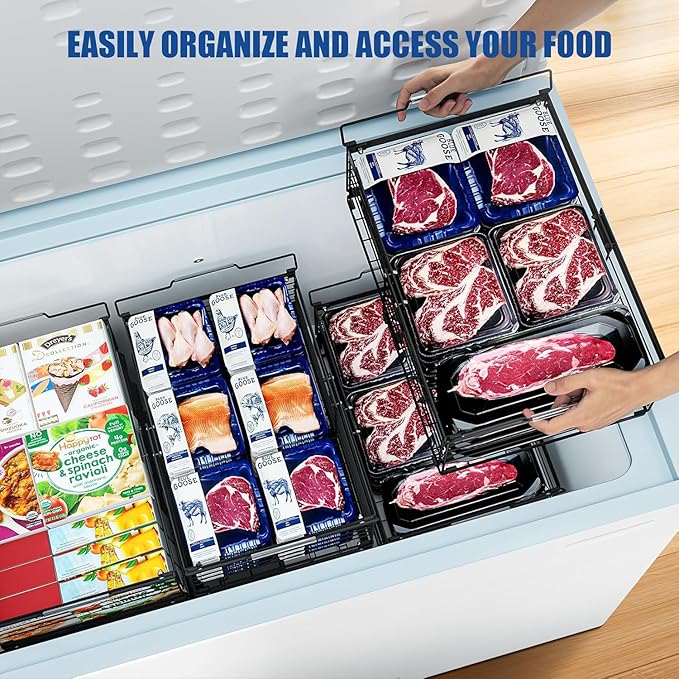 Stnopw 3PCS Freezer Organizer Bins,Stackable Chest Freezer Organizer for 7 Cu.FT Deep Freezer Sort Frozen Food, Easily Get Food from the Bottom with Side Handles Add Storage Space