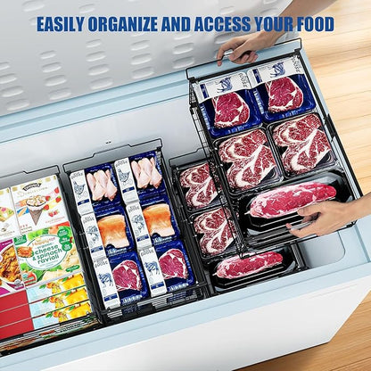 Stnopw 3PCS Freezer Organizer Bins,Stackable Chest Freezer Organizer for 7 Cu.FT Deep Freezer Sort Frozen Food, Easily Get Food from the Bottom with Side Handles Add Storage Space