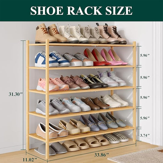 Smiry Long Bamboo Shoe Rack 5-Tier, Stackable Wooden Shoe Organizer for Entryway & Closet, Free Standing Wood Shoe Storage Shelf for Front Door & Small Spaces, Natural