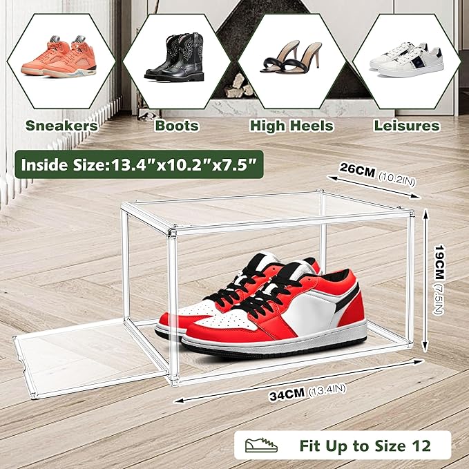 EDS FAM 1 Pack Drop Front Acrylic Shoe Boxes with Magnetic Door Size 12, Clear Stackable Shoe Organizers Sneaker Display Cases for Closet, Entryway, Underbed, Multiple Display Cases for Caps, Figures