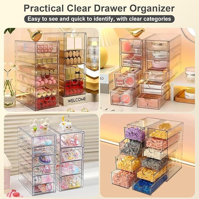 Acrylic Drawer Organizer with 10 Drawers, 2 Set Craft Organizers and Storage, Clear Storage Drawers, Desk Drawer Organizer for Vanity, Office Supplies, Jewelry, Pen