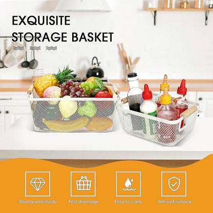 Maxcheck 6 Pack 3 Size Metal Wire Baskets Wooden Handles Steel Mesh Storage Bins Organizer Containers Gift for Home Cabinets Closet Kitchen Food Fruit Freezer Storage Rectangle (White)