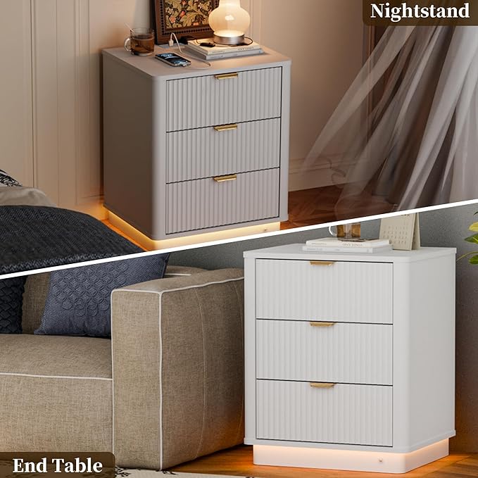 BONITURE Fluted Night Stand Set of 2, Curved Nightstands with Charging Station Lighting, Wood End Table with 3 Drawers, Modern Side Table Storage Cabinet for Bedroom Office,(2, White)