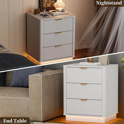 BONITURE Fluted Night Stand Set of 2, Curved Nightstands with Charging Station Lighting, Wood End Table with 3 Drawers, Modern Side Table Storage Cabinet for Bedroom Office,(2, White)