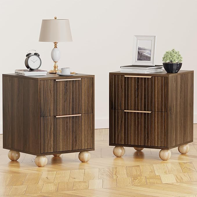 HOCAT Fluted Nightstand Set of 2, Walnut Finish Bedside Table with Spacious Storage Drawers, Night Stand with Solid Wood Round Legs for Bedroom, End Table, Side Table