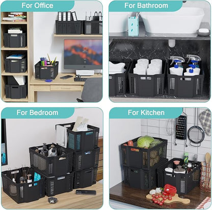Set of 12 Plastic Large Basket for Pantry Organizing, Plastic Stackable Storage Basket Organizer for Shelf, Black