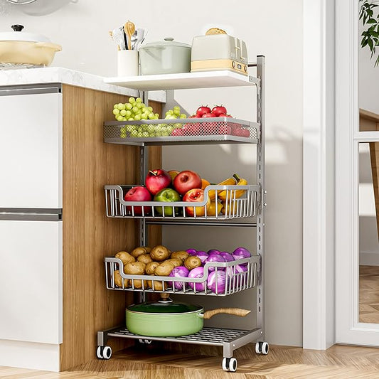 HapiRm Fruit Basket Kitchen Cart - 5 Tier Adjustable Vegetable Storage Rack, Large Capacity Rolling Kitchen Carts on Wheels for Snack Onion and Potato Storage