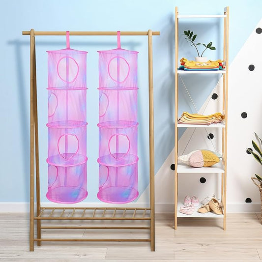 Basumee Stuffed Animals Net or Hammock 2 Pcs Stuffed Animals Storage Toy Net Hammock for Plushies Storage Organizer Mesh Kids Girls Room Decor, Pink, 4 Tiers