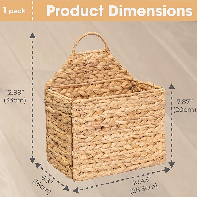 Water Hyacinth Magazine Wall Hanging Basket, Handwoven Wicker Wall Basket Organizer, Foldable Wall Basket for Mail, Towels, Books & Magazines, Boho Farmhouse Wall Decor for Entryway Bathroom Nursery