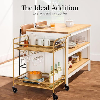 Best Choice Products Rolling Bar Cart, Mobile Home Bar Serving Cart, Serving Station w/ 2 Tier Shelves, Wine Rack, Lockable Wheels - Gold