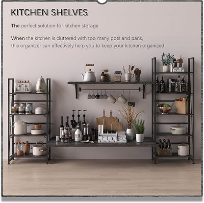 4NM No Assembly Folding Bookshelf Storage Shelves 4 Tiers Vintage Bookcase Standing Racks Study Organizer Home Office (Gray Black)