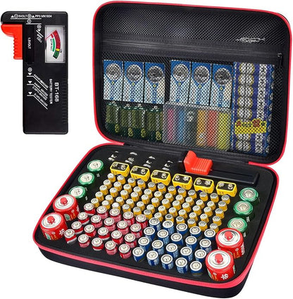 ALKOO Battery Organizer Storage Holder Case Box with Tester Checker BT-168. Holds 136+ Batteries AA AAA C D Cell 9V 3V Lithium (Red)