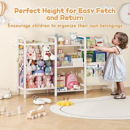 B1 Kids Bookshelf and Toy Storage, 3-Tier Book Shelf for Kids Rooms, Sling Baby Bookcase with Stuffed Animal Storage, Montessori Toddler Bookshelf for Nursery, Bedroom, Playroom, White