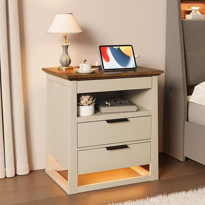 Rresyet 3 Drawer Nightstand with Charging Station & LED Lights & Open Shelf, Modern Night Stand with Storage, Wooden Bedside Table for Bedroom Room, Office (White)