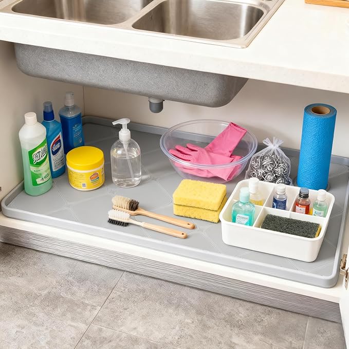 Under Sink Mat, 22" x 19" Inch Leak-Proof Silicone Sink Mat, Non-Slip Cabinet Liner & Counter Protector for Kitchen Bathroom, Waterproof Heat Resistant Easy to Clean.