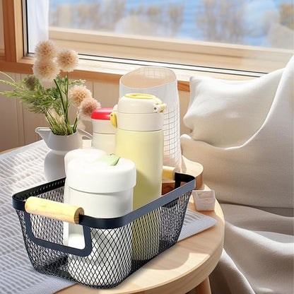8 Pcs Black Wire Basket with Wooden Handle Metal Mesh Baskets for Pantry Storage Snack Organizer for Kitchen Cabinet Bathroom Fridge Fruit Makeup Office