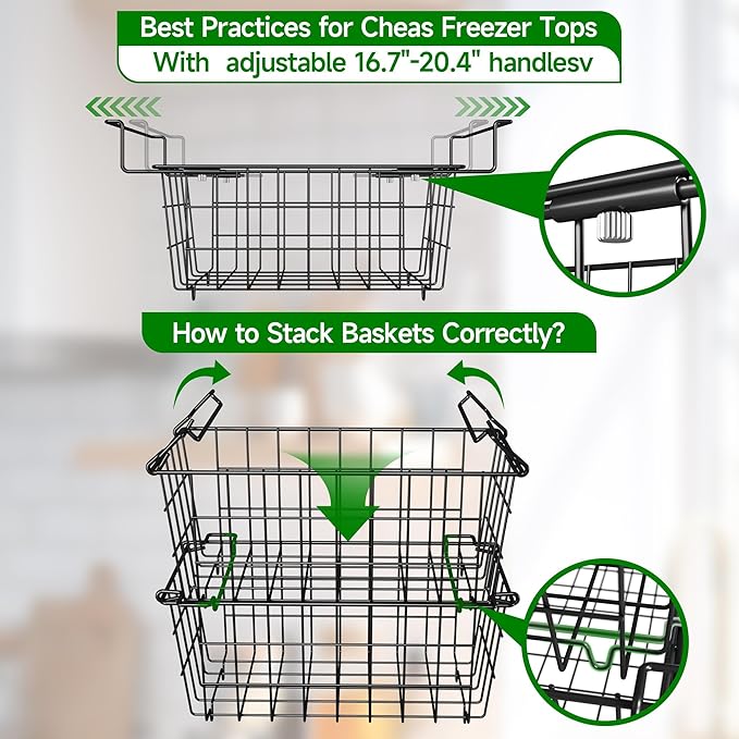 Freezer Baskets for Chest Freezer - 3 Pack Stackable Organizer Bins & 1 Pack Adjustable Hanging Organizer for 5-7 Cu.FT Deep Freezer - Sort Frozen Food