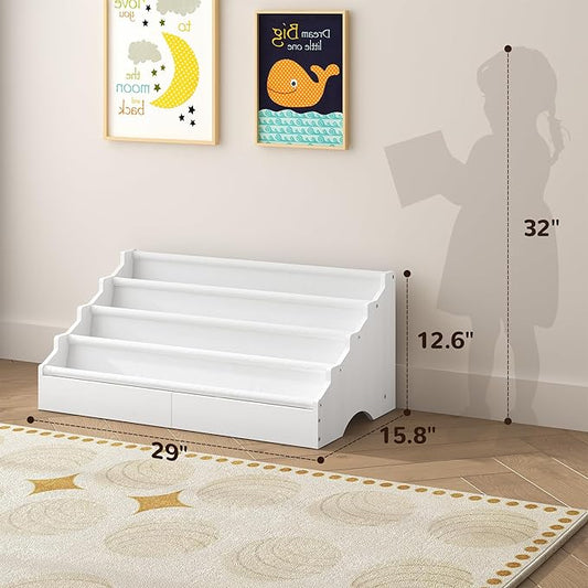 ELYKEN Toddler Bookshelf for Kids Rooms, Nursery Book Shelves with Open Forward Display, Montessori Book shelf for Baby Room, Small Children Classroom Books Rack Storage, Reading Corner for Kid, White